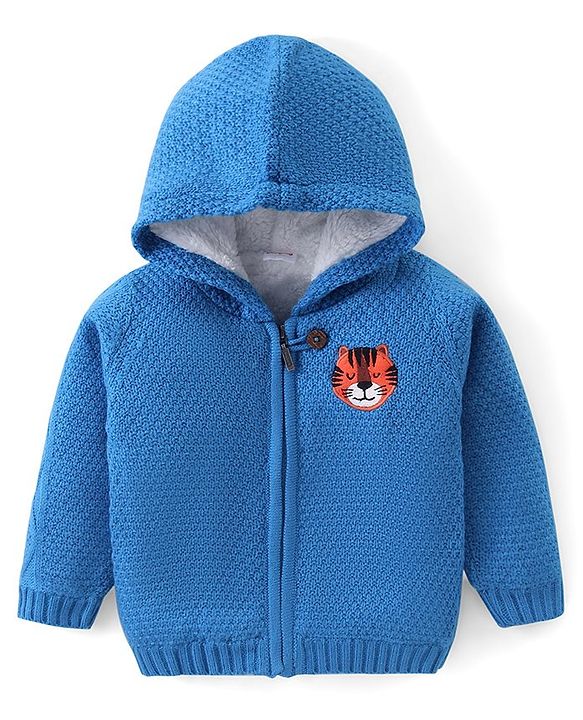 Babyhug Knitted Full Sleeves Front Open Hooded Sweater with Tiger Applique- Blue