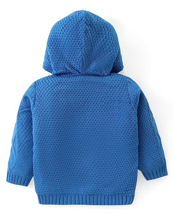 Babyhug Knitted Full Sleeves Front Open Hooded Sweater with Tiger Applique- Blue