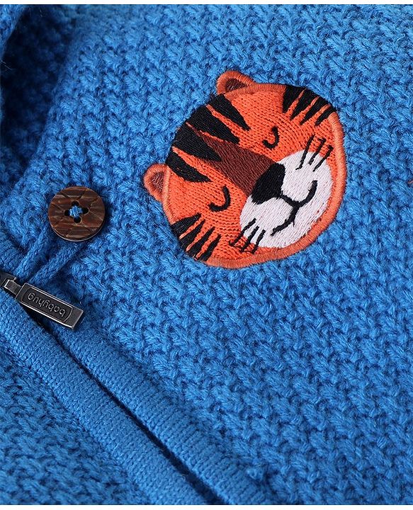 Babyhug Knitted Full Sleeves Front Open Hooded Sweater with Tiger Applique- Blue