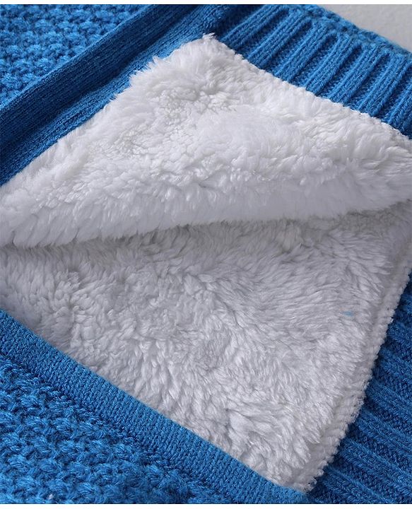 Babyhug Knitted Full Sleeves Front Open Hooded Sweater with Tiger Applique- Blue
