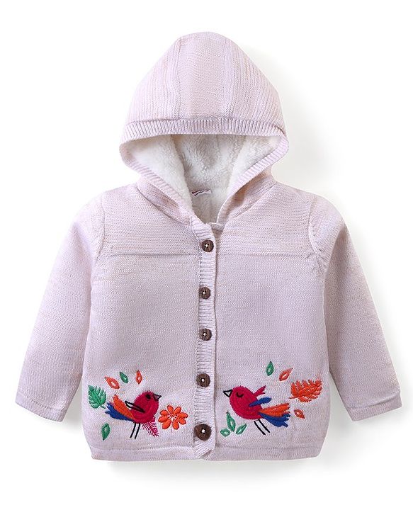 Babyhug Knitted Full Sleeves Front Open Hooded Sweater with Sparrow Embroidery  - Cream