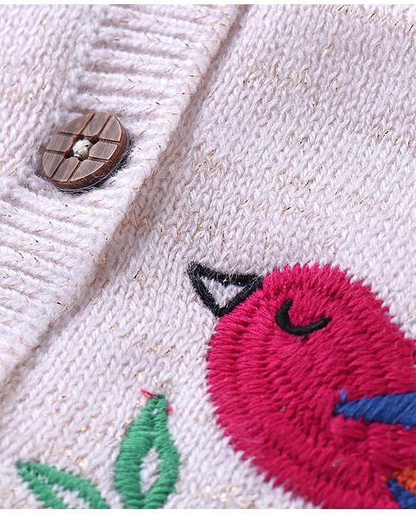 Babyhug Knitted Full Sleeves Front Open Hooded Sweater with Sparrow Embroidery  - Cream