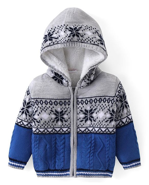 Babyhug Knitted Full Sleeves Front Open Hooded Floral Design Sweater - Grey & Blue