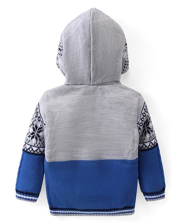 Babyhug Knitted Full Sleeves Front Open Hooded Floral Design Sweater - Grey & Blue