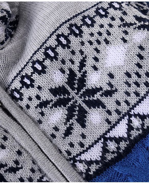 Babyhug Knitted Full Sleeves Front Open Hooded Floral Design Sweater - Grey & Blue