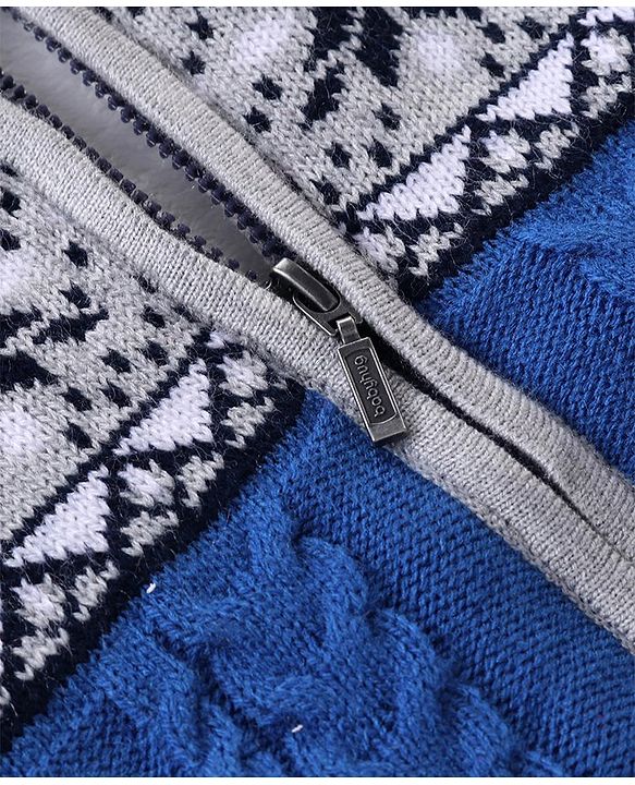 Babyhug Knitted Full Sleeves Front Open Hooded Floral Design Sweater - Grey & Blue