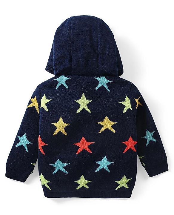 Babyhug Knitted Full Sleeves Front Open Hooded Star Design Sweater - Navy Blue