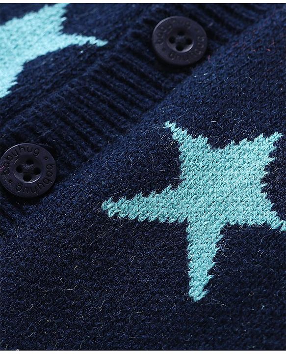 Babyhug Knitted Full Sleeves Front Open Hooded Star Design Sweater - Navy Blue