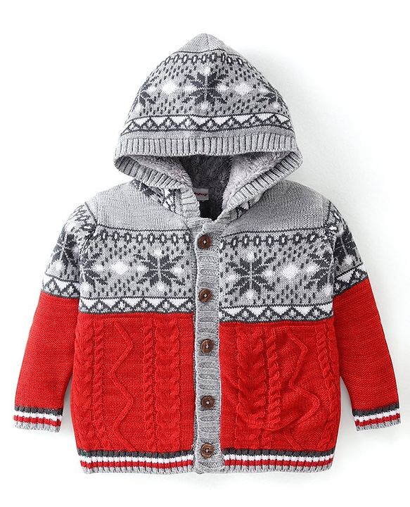 Babyhug Knitted Full Sleeves Front Open Hooded Sweater with Cable Knit Design- Grey & Orange