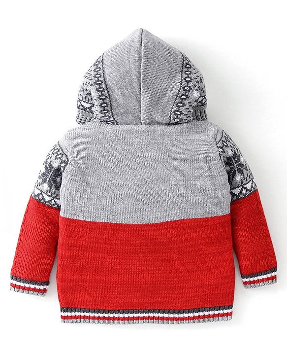 Babyhug Knitted Full Sleeves Front Open Hooded Sweater with Cable Knit Design- Grey & Orange