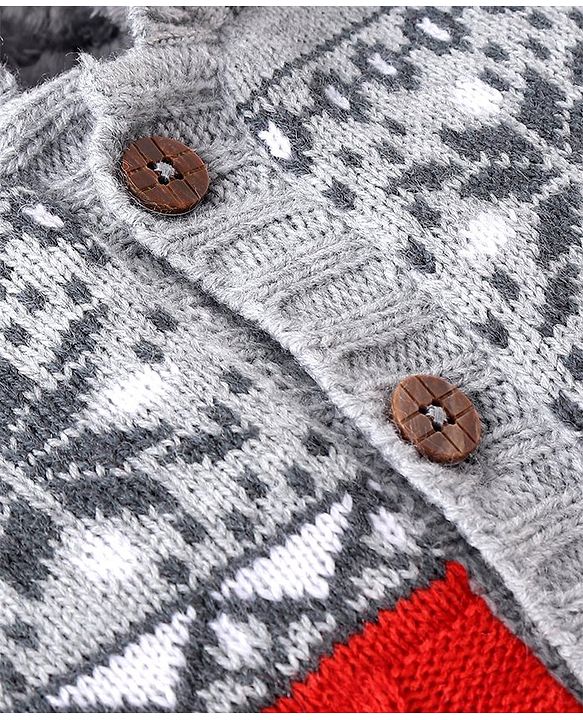 Babyhug Knitted Full Sleeves Front Open Hooded Sweater with Cable Knit Design- Grey & Orange