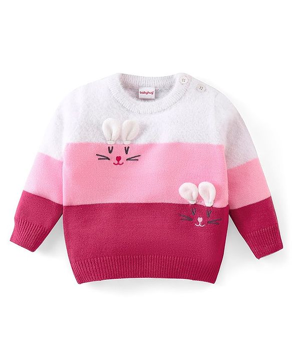 Babyhug Knitted Full Sleeves Sweater Kitty Design - Red Pink & White