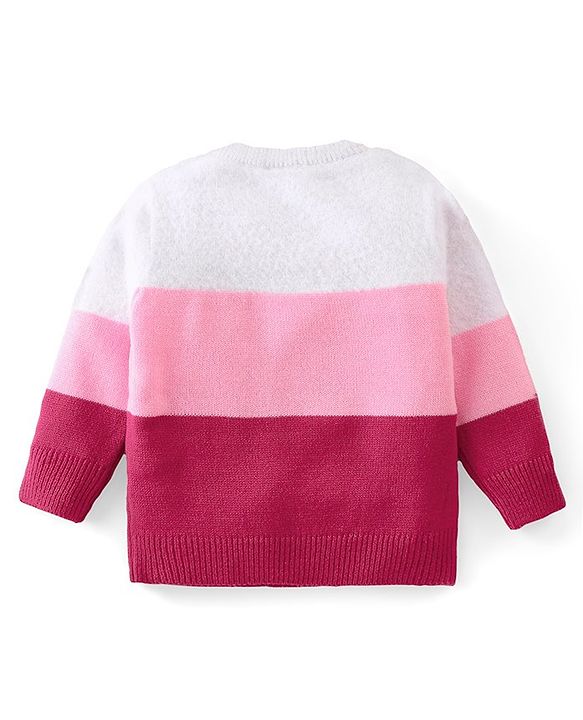 Babyhug Knitted Full Sleeves Sweater Kitty Design - Red Pink & White
