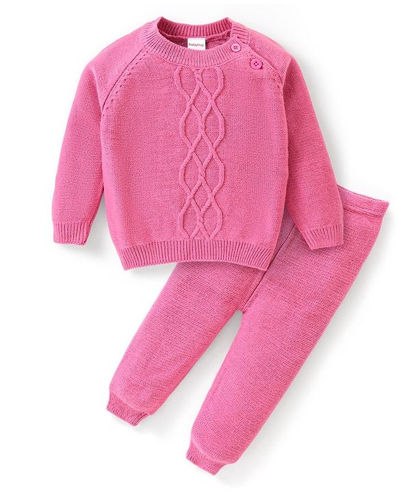 Babyhug Knitted Raglan Sleeves Sweater Set Cable Knit Design Design - Pink