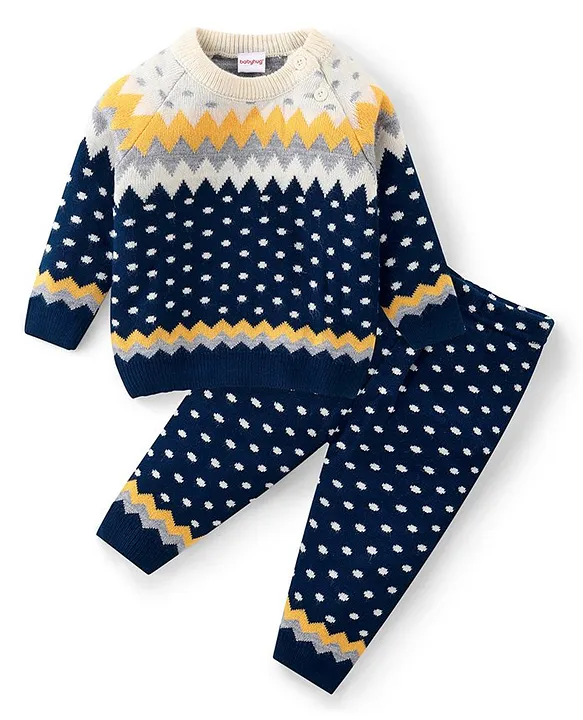 Babyhug Knitted Full Sleeves Baby Sweater Set with Argyle Design Navy Blue Yellow