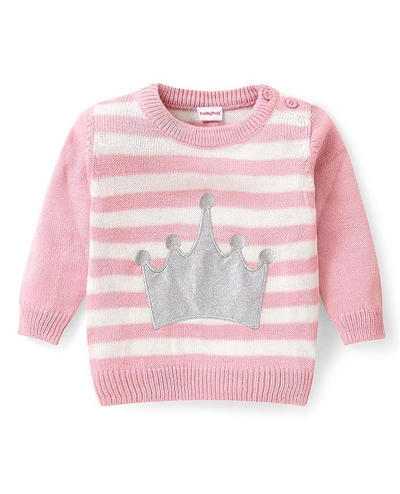 Babyhug Knitted Full Sleeves Sweater Set Stripes & Crown Patch - Pink & White
