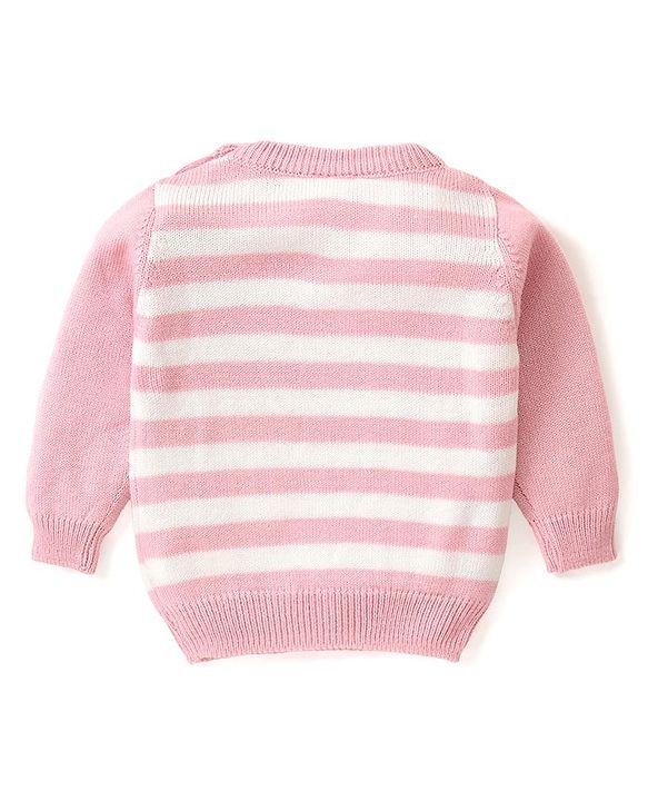 Babyhug Knitted Full Sleeves Sweater Set Stripes & Crown Patch - Pink & White
