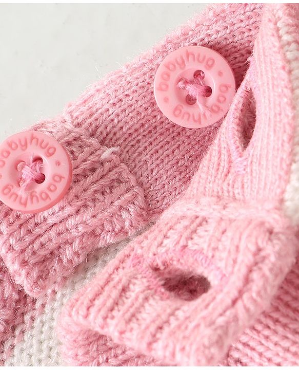 Babyhug Knitted Full Sleeves Sweater Set Stripes & Crown Patch - Pink & White