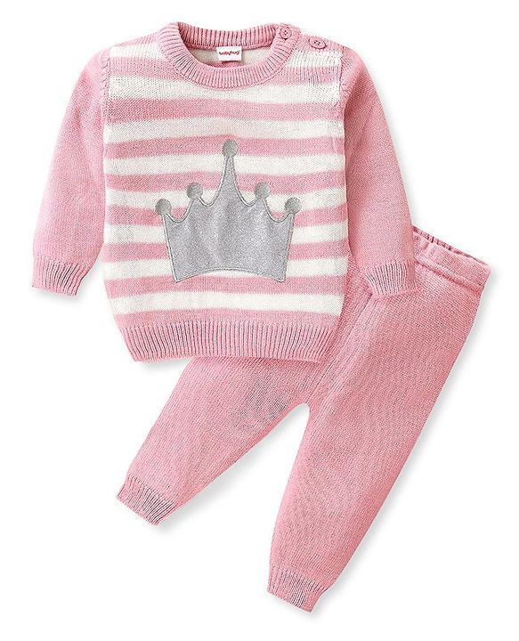 Babyhug Knitted Full Sleeves Sweater Set Stripes & Crown Patch - Pink & White