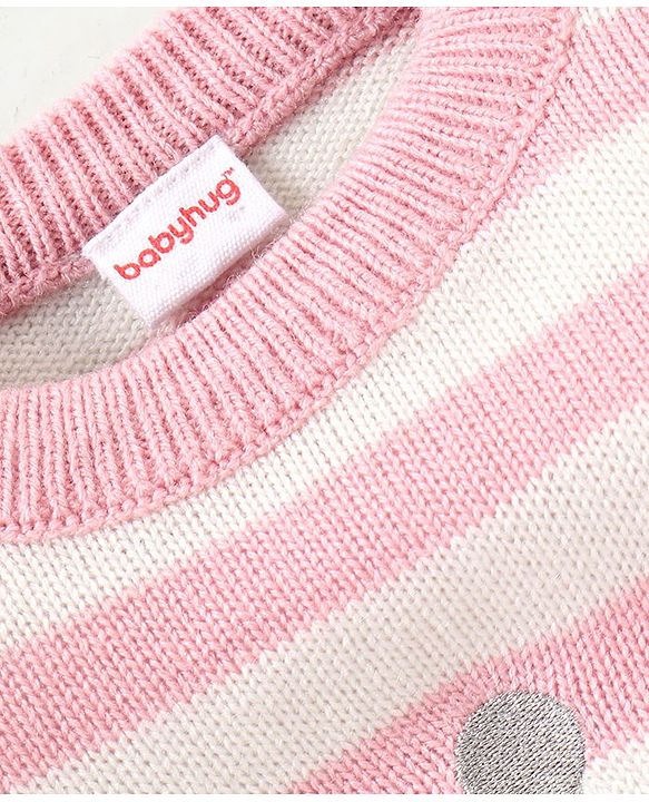 Babyhug Knitted Full Sleeves Sweater Set Stripes & Crown Patch - Pink & White