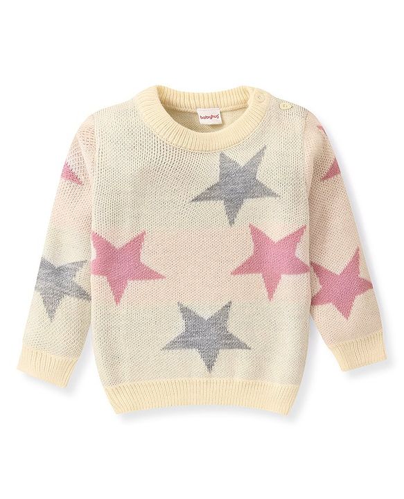 Babyhug Knitted Full Sleeves Baby Sweater Set with Star Design - Pink & White