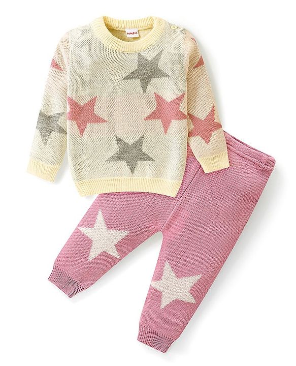 Babyhug Knitted Full Sleeves Baby Sweater Set with Star Design - Pink & White