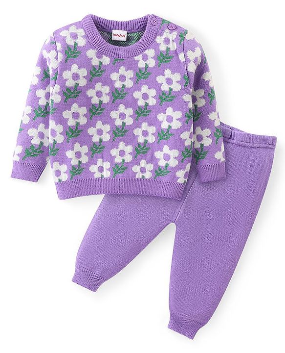 Babyhug Knitted Full Sleeves Baby Sweater Set with Floral Design - Lavender