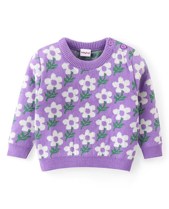 Babyhug Knitted Full Sleeves Baby Sweater Set with Floral Design - Lavender