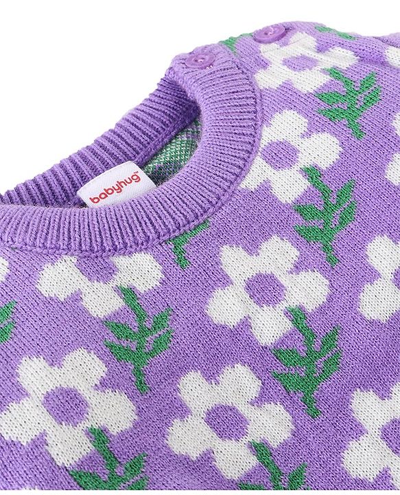 Babyhug Knitted Full Sleeves Baby Sweater Set with Floral Design - Lavender