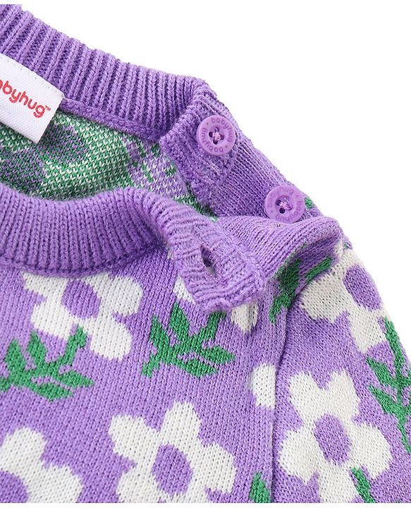 Babyhug Knitted Full Sleeves Baby Sweater Set with Floral Design - Lavender