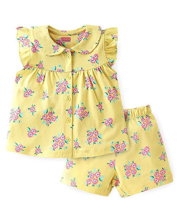 Babyhug Cotton Knit Frill Sleeves Night Suit With Floral Print - Yellow