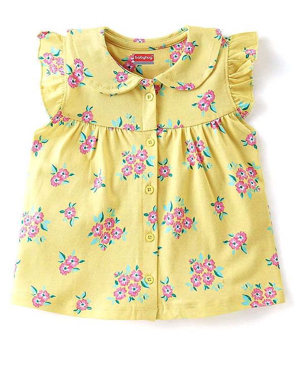 Babyhug Cotton Knit Frill Sleeves Night Suit With Floral Print - Yellow