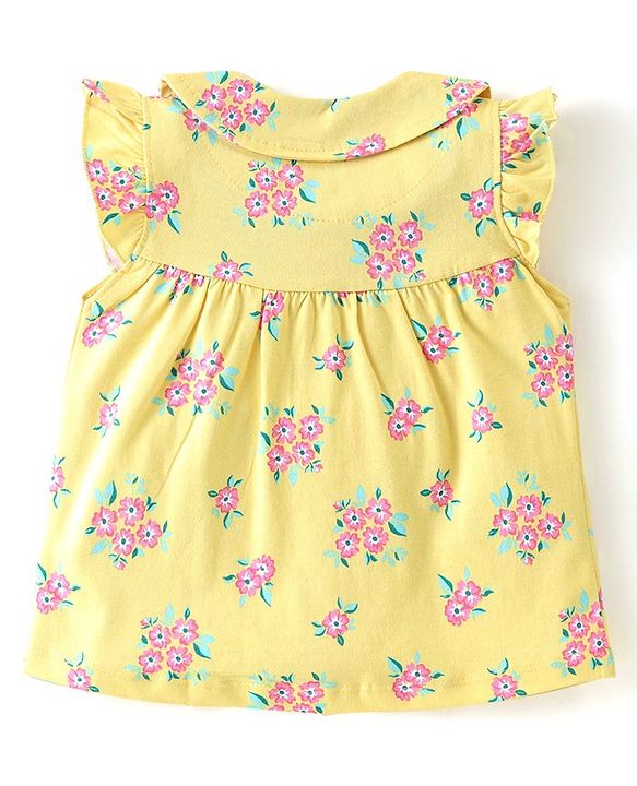 Babyhug Cotton Knit Frill Sleeves Night Suit With Floral Print - Yellow