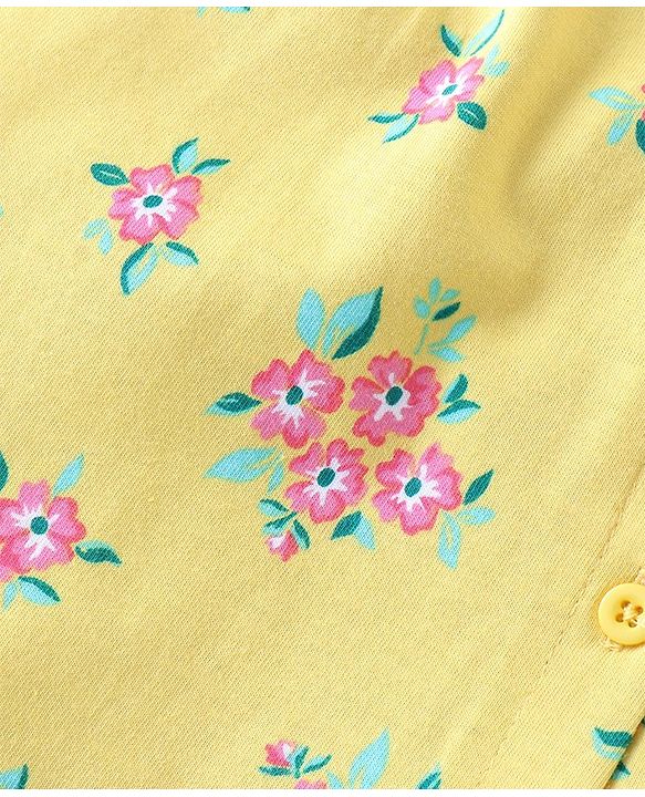 Babyhug Cotton Knit Frill Sleeves Night Suit With Floral Print - Yellow