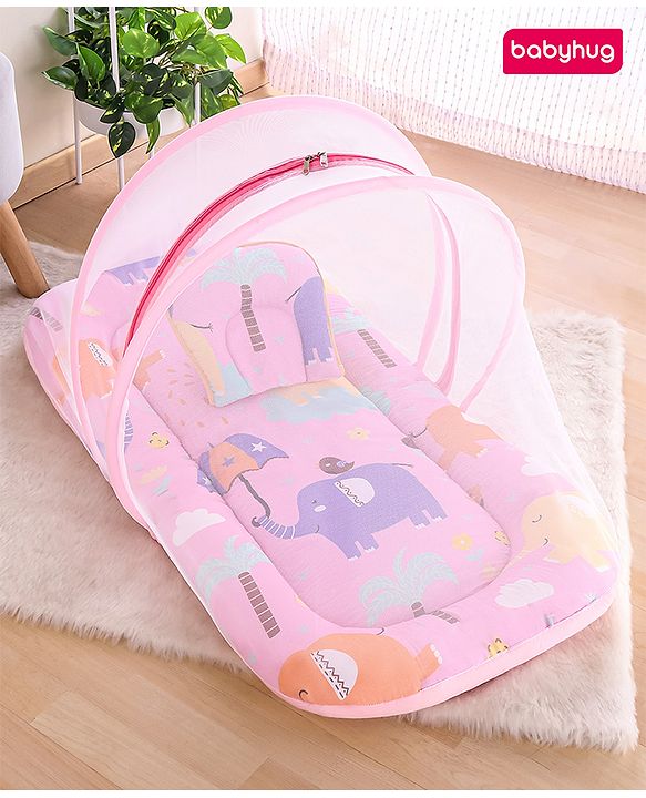 Babyhug Cotton Mattress Set with Mosquito Net Elephant Print - Pink