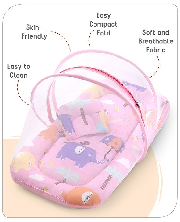 Babyhug Cotton Mattress Set with Mosquito Net Elephant Print - Pink