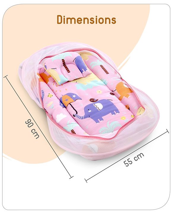 Babyhug Cotton Mattress Set with Mosquito Net Elephant Print - Pink