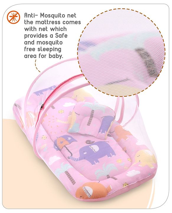 Babyhug Cotton Mattress Set with Mosquito Net Elephant Print - Pink