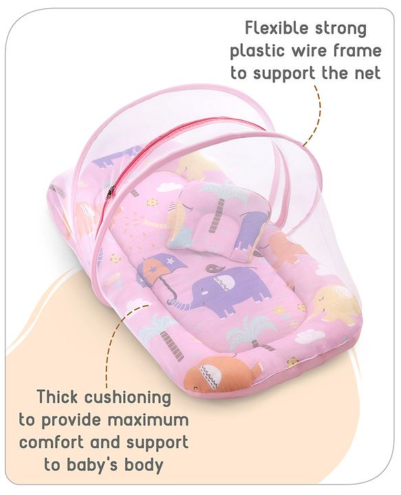 Babyhug Cotton Mattress Set with Mosquito Net Elephant Print - Pink