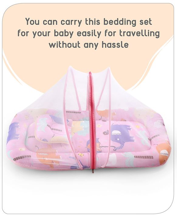 Babyhug Cotton Mattress Set with Mosquito Net Elephant Print - Pink