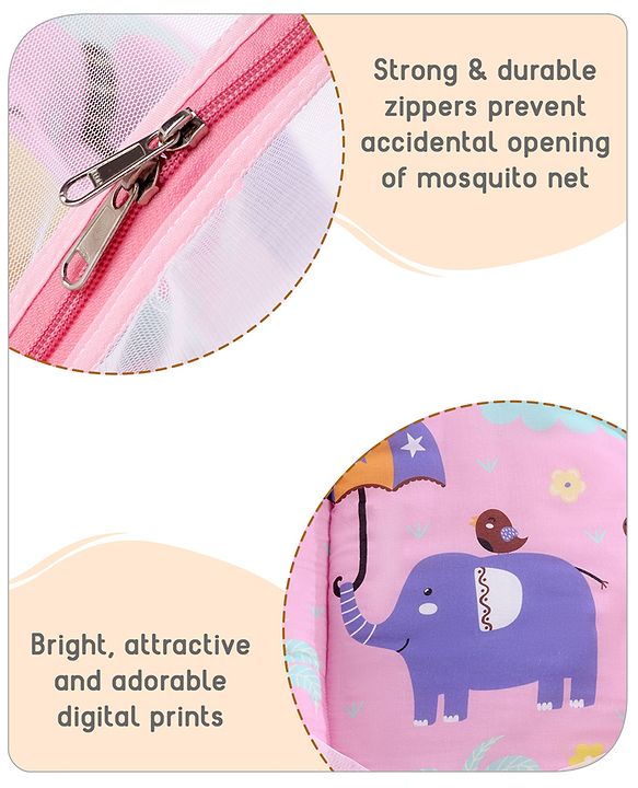 Babyhug Cotton Mattress Set with Mosquito Net Elephant Print - Pink