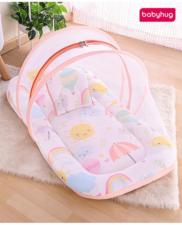 Babyhug Cotton Mattress Set with Mosquito Net Elephant Print - Pink