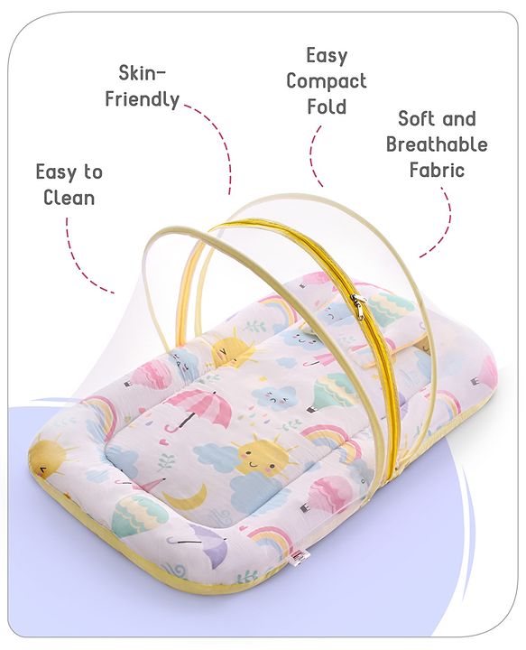 Babyhug Cotton Mattress Set with Mosquito Net Elephant Print - Pink