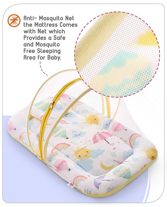 Babyhug Cotton Mattress Set with Mosquito Net Elephant Print - Pink