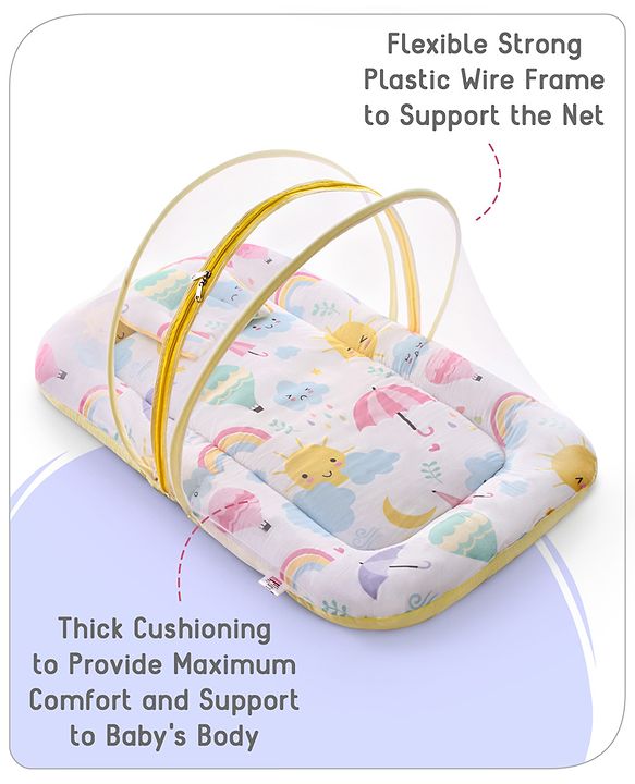Babyhug Cotton Mattress Set with Mosquito Net Elephant Print - Pink
