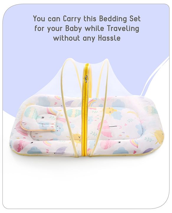 Babyhug Cotton Mattress Set with Mosquito Net Elephant Print - Pink