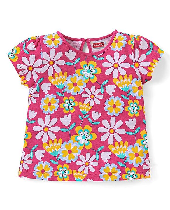 Babyhug Cotton Knit Half Sleeves Top Floral Graphics Pack Of 3 - Pink & Yellow