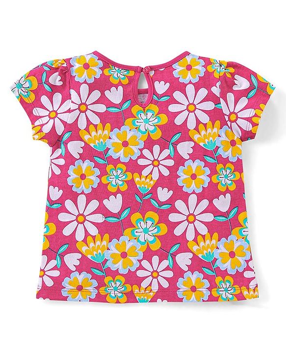 Babyhug Cotton Knit Half Sleeves Top Floral Graphics Pack Of 3 - Pink & Yellow