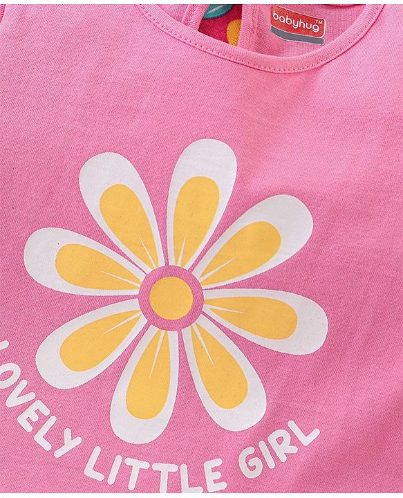 Babyhug Cotton Knit Half Sleeves Top Floral Graphics Pack Of 3 - Pink & Yellow