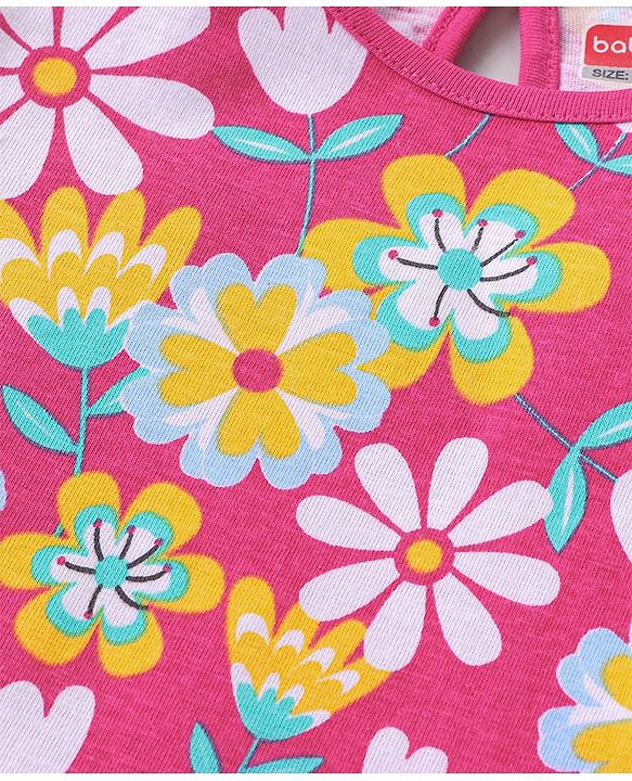 Babyhug Cotton Knit Half Sleeves Top Floral Graphics Pack Of 3 - Pink & Yellow